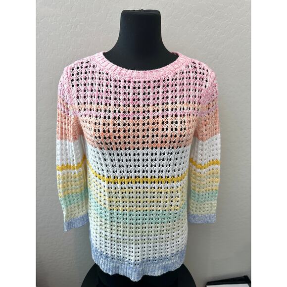 TALBOTS Rainbow Open Knit Sweater Cotton Pastel Stripe Pullover | Petite Medium - Picture 2 of 6